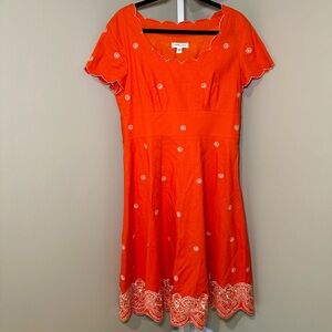 Women’s Coldwater Creek Orange White Linen Dress Embroidery Size 12‎ Scalloped